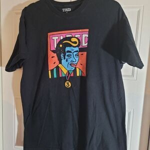 BLACK TIRED tee shirt short sleeve with a bight graphic in front size Large